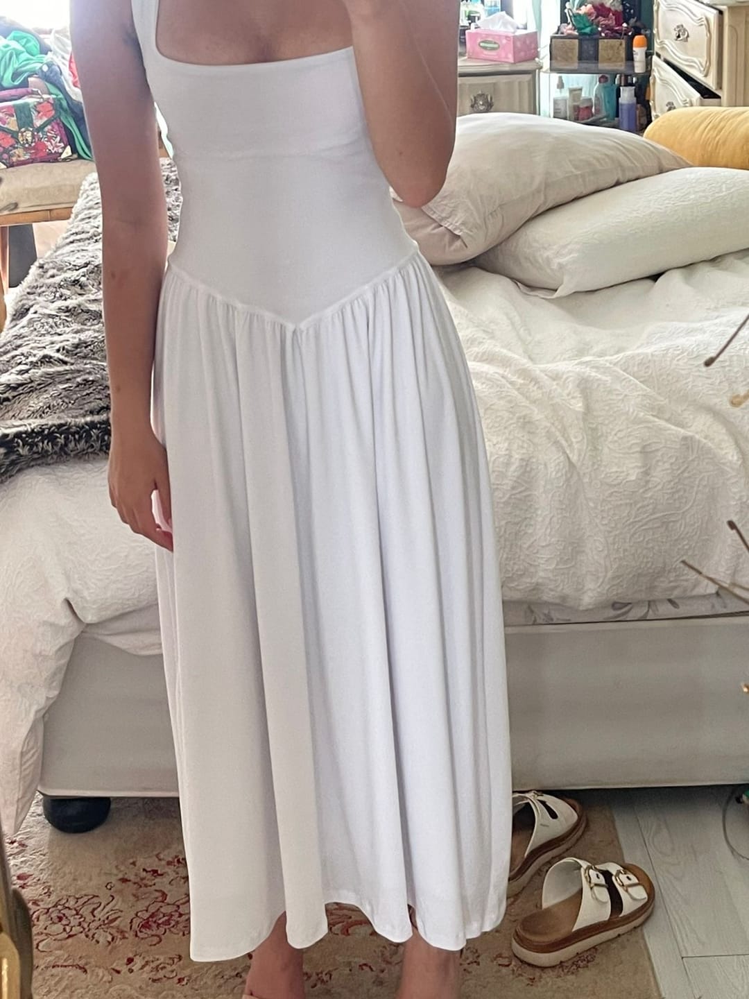 Customer photo review of Cream Cowl Neck Drop Waist Midi Dress