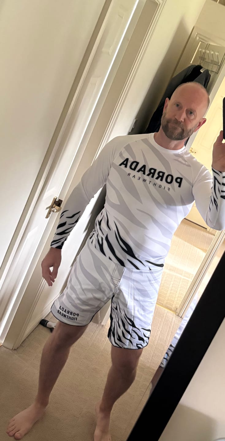 Customer photo review of WHITE BELT COMPETITION RANKED RASH GUARD