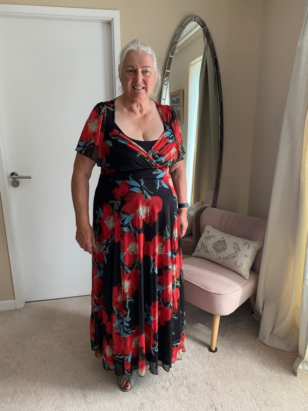 Customer photo review of Kemi Scarlet Black Print Bolero Wrap Bodice Maxi Gown