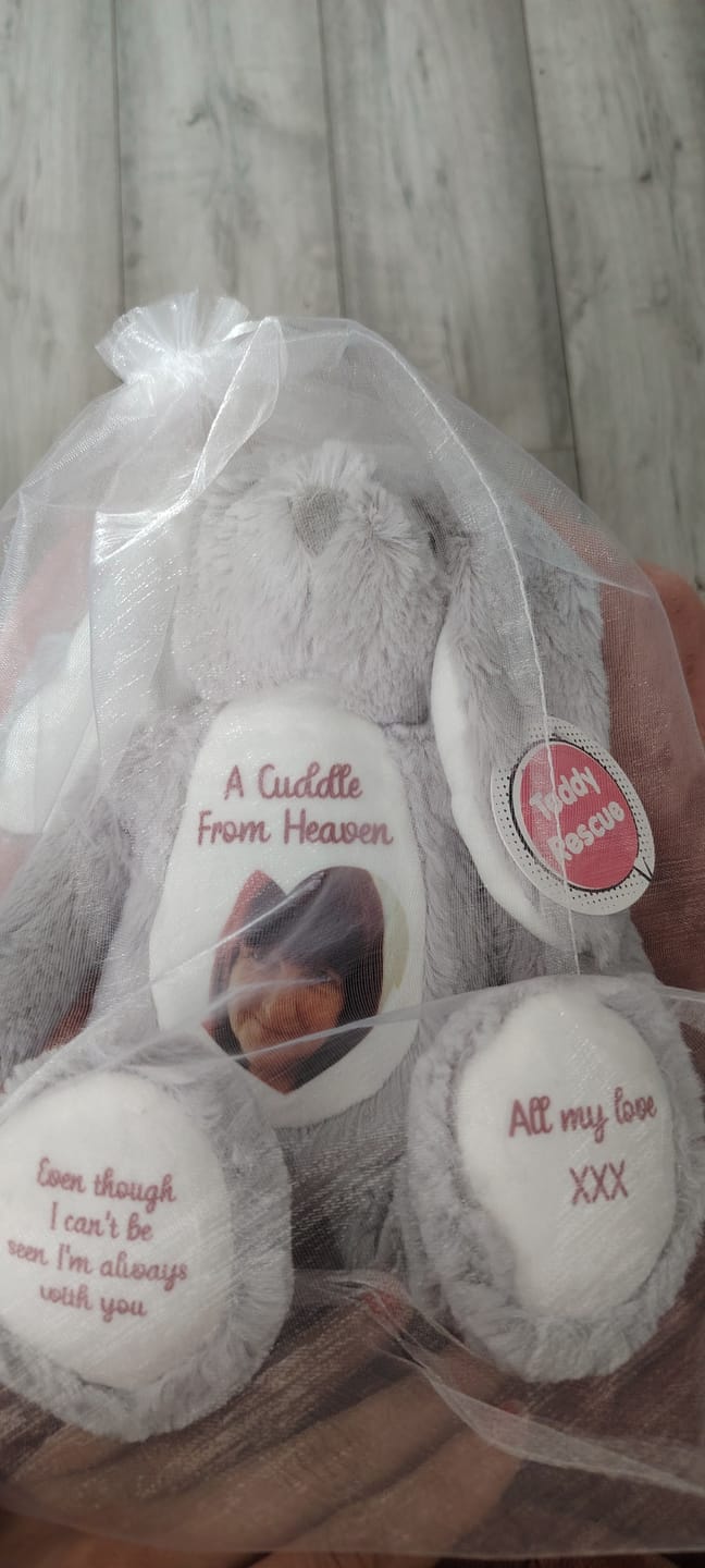 Customer photo review of Design a Personalised Grey Bunny Teddy – Add Your Photo, Name or Message