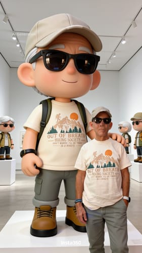 Customer's Out Of Breath T-shirt featuring mountain graphic, worn by reviewer standing next to a large character statue.