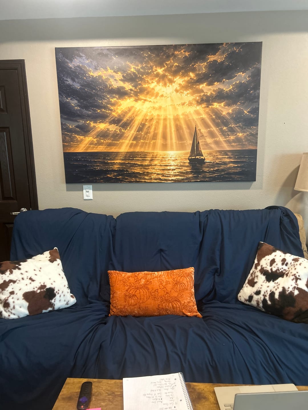 Customer photo review of Golden Sailboat Seascape Wall Art | Hand-Embellished Stormy Ocean Canvas | Large Navy & Gold Statement Piece | Dramatic Coastal Painting