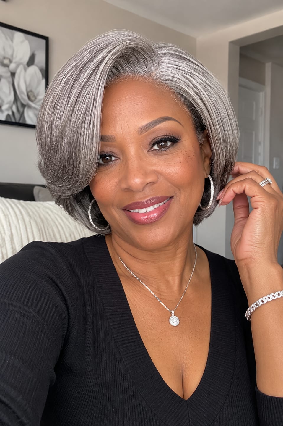 Customer photo review of Luvwin Salt And Pepper 5x5 Closure Pixie Cut Side Part Glueless Wig