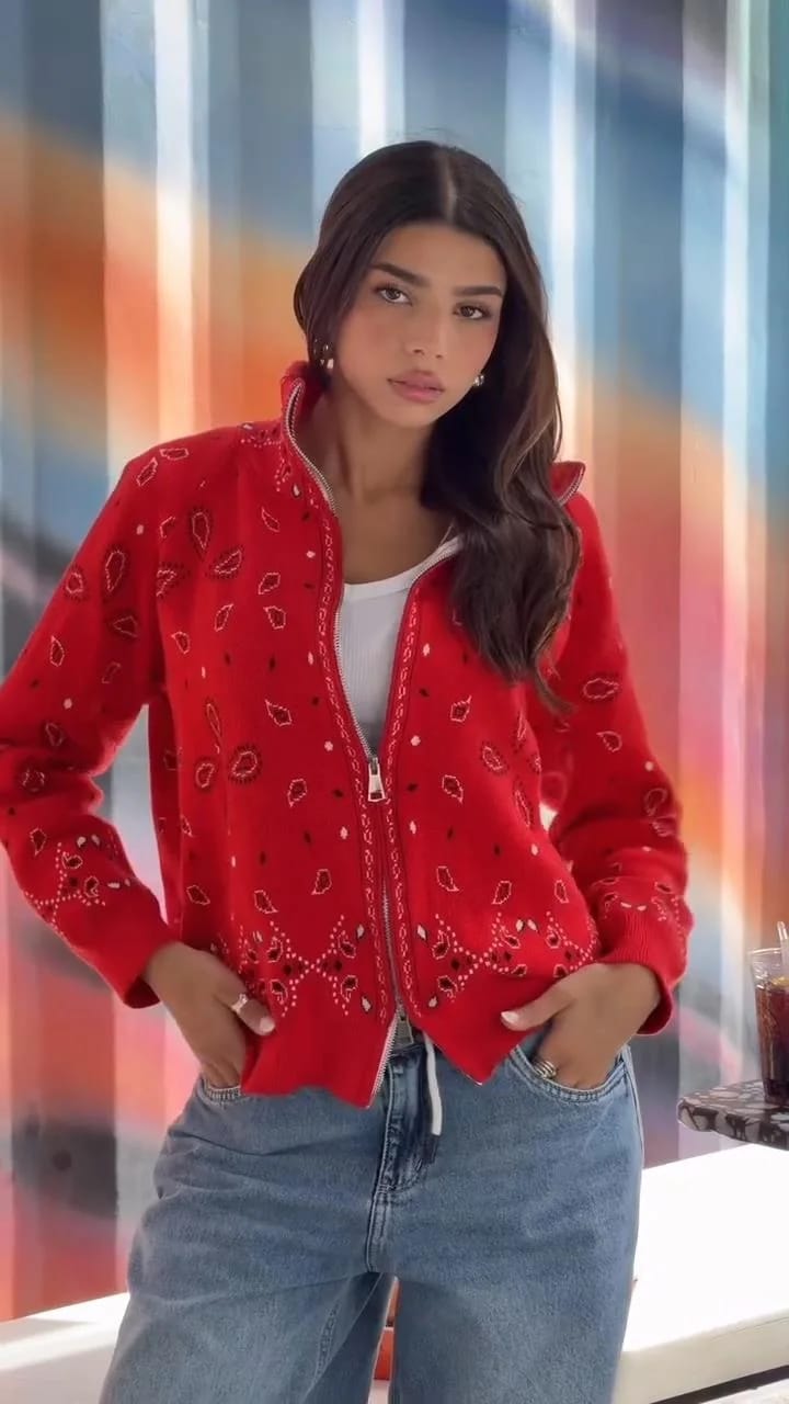 Customer photo review of Linda Bandana Double Zip Knit Cardigan