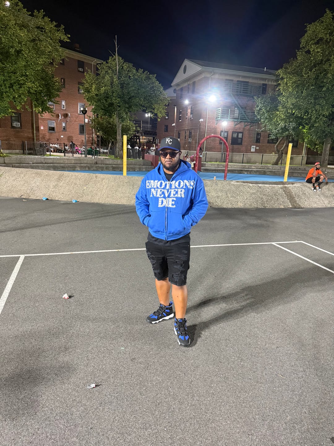 Customer photo review of Mixed Emotions "End" Rhinestone Hoodie Blue