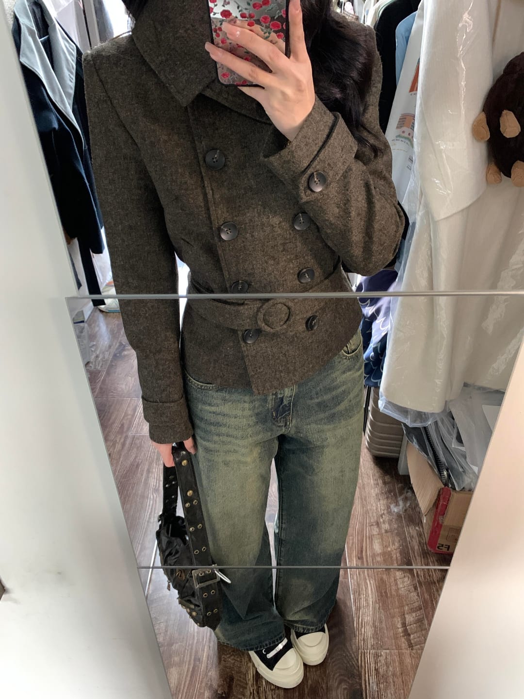Customer photo review of IAMXIAA Wool-Like High Neck Belted Double-Breasted Jacket