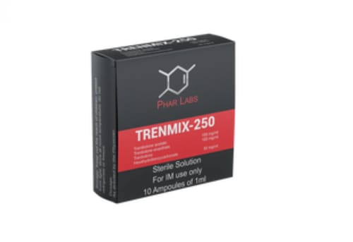 Customer's Trenmix-250 Phar Labs Silver black and red box containing sterile ampoules.