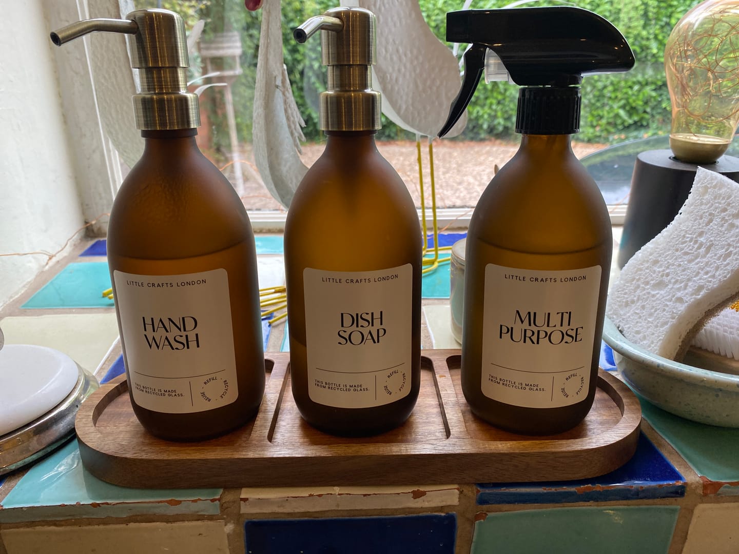 Customer photo review of Spray and Pump Set of 3 Reusable Frosted Amber Glass Bottles 500 ML