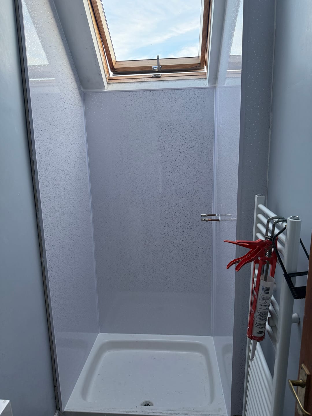 Customer photo review of Premium White Sparkle Gloss Shower Wall Panel – 1M x 2.4M