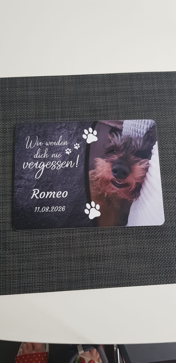 Customer photo review of Hunde Gedenktafel mit Foto & Spruch (UV- &  Wetterfest)