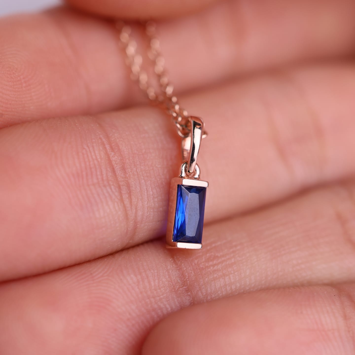 Customer photo review of 14K Gold Blue Sapphire Baguette Pendant Necklace