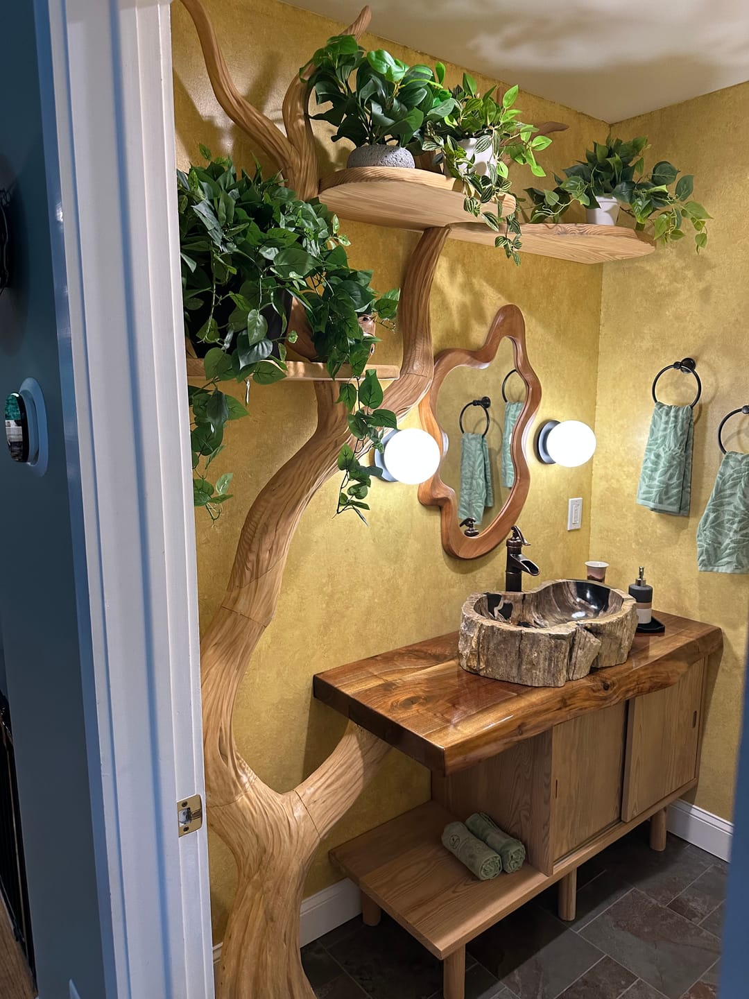 Customer photo review of Rustic Solid Wood Vanity – Handmade Bathroom Sink with Floating Tree Branch Shelves, Artistic Home Decor Gift