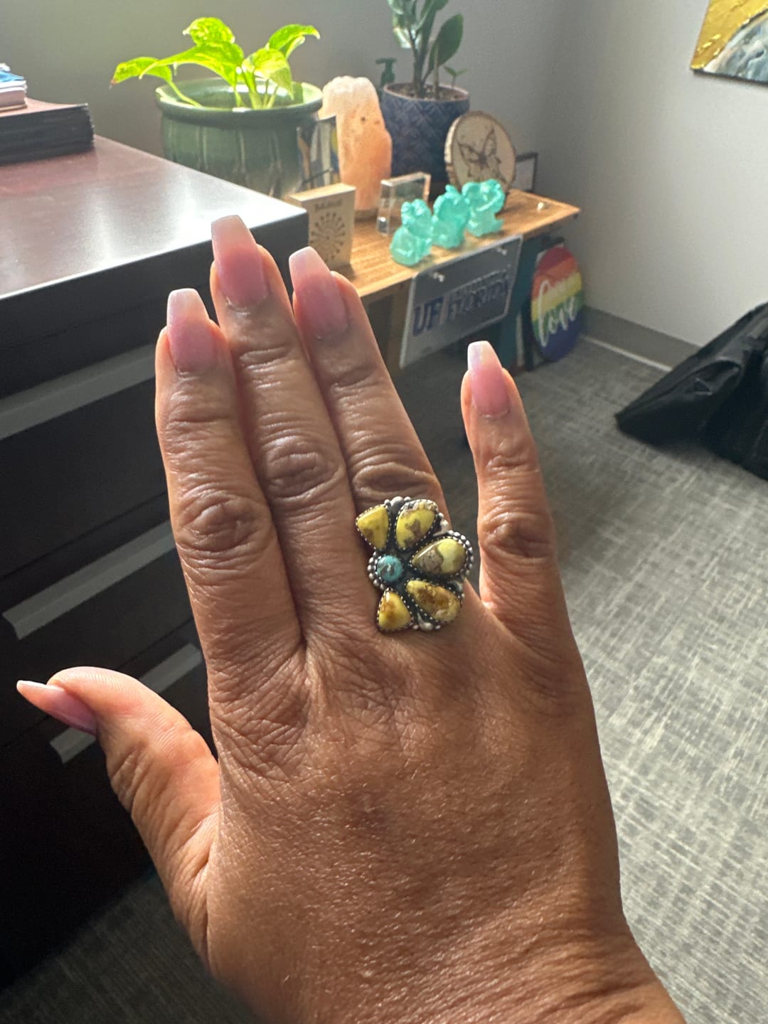 Customer photo review of Southwestern Style Palomino Turquoise, White Water Turquoise Ring Size 6 Adjustable (.925 Sterling Silver)