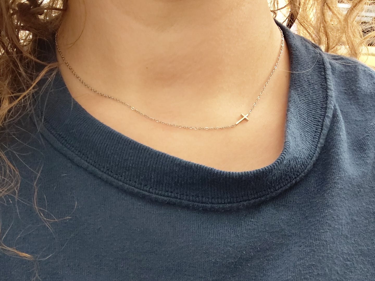 Customer photo review of The Collarbone Cross Necklace
