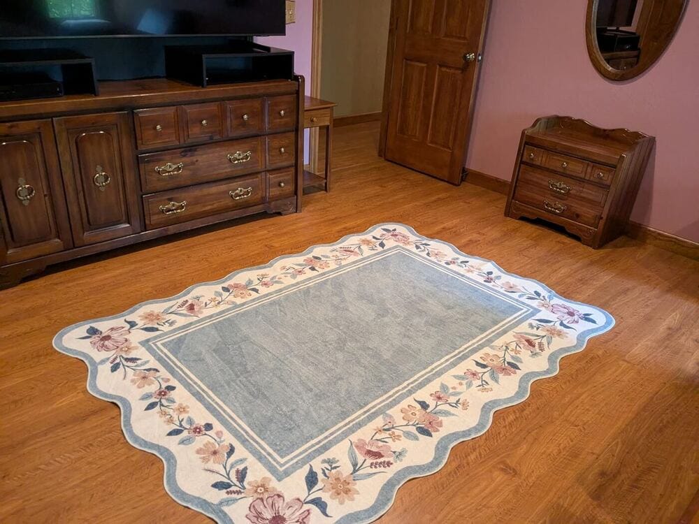 Customer photo review of Rug – Vintage Floral Scalloped – Dusty Blue