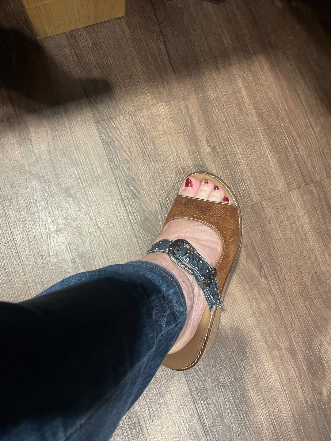 Customer photo review of Corky's Cognac Embossed Need A Favor Wedges