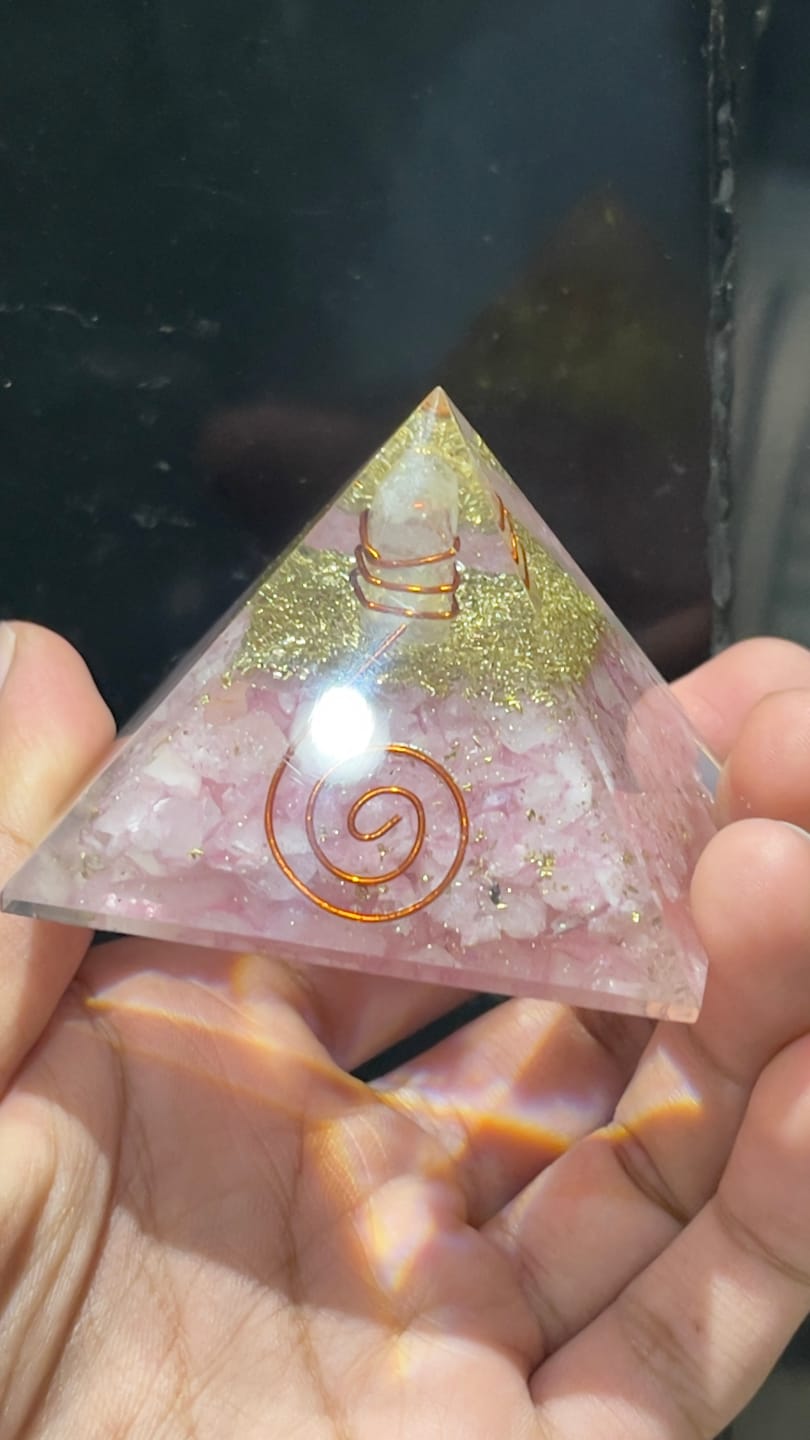 Customer photo review of Rose Quartz Orgonite Pyramid Vastu Remedy for Love, Relationship Harmony and Heart Chakra Healing for Bedroom, Couple Spaces and Emotional Balance | 6.5 cm | 110 g