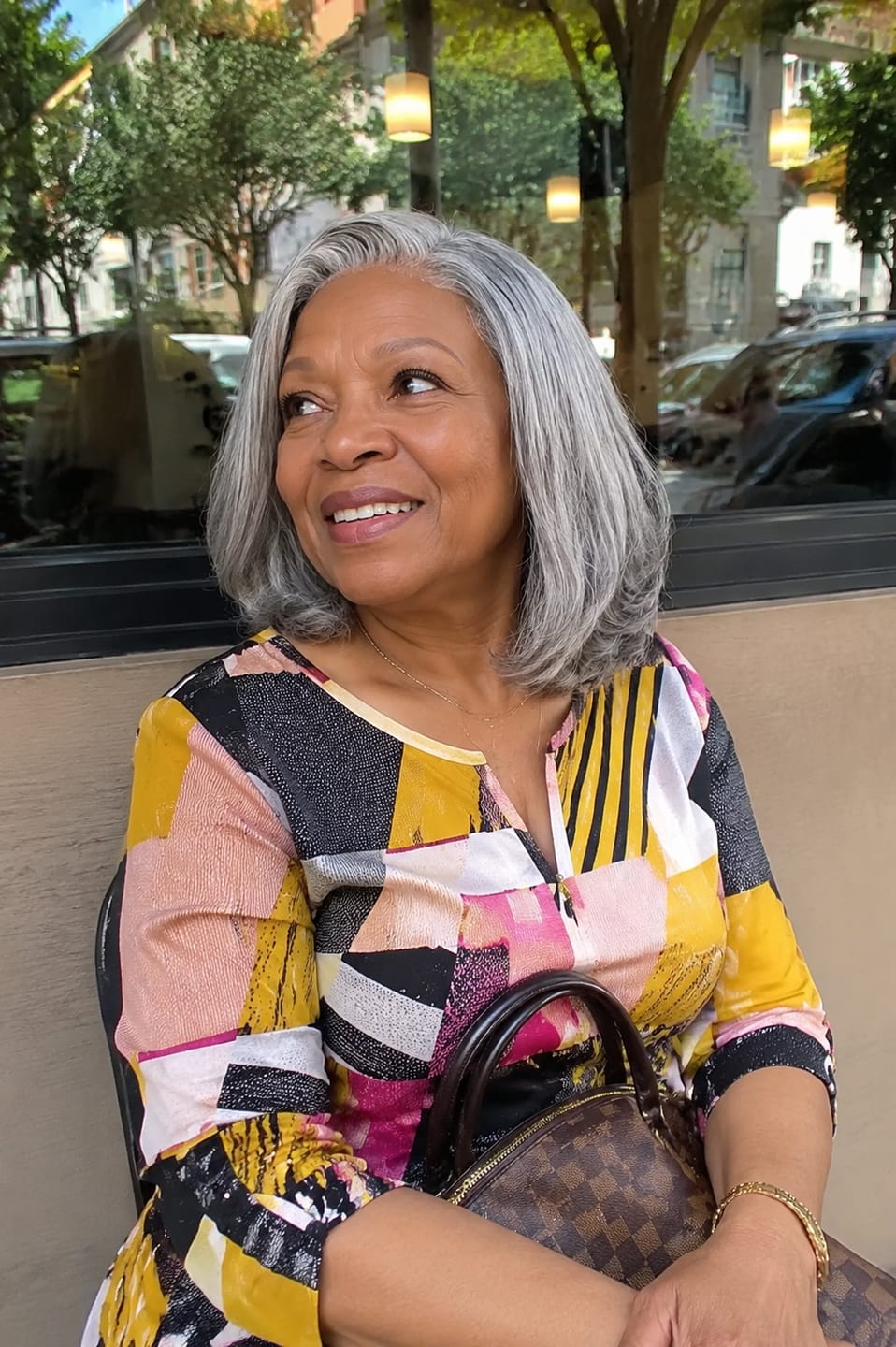 Customer photo review of Luvwin 5x5 Salt And Pepper Glueless Gray Color Pre-Cut Lace Layered Cut Straight Bob Wig 100% Human Hair