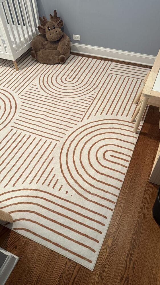 Customer photo review of Rug – Abstract Rainbow Stripe Pink/White – Blush Clay