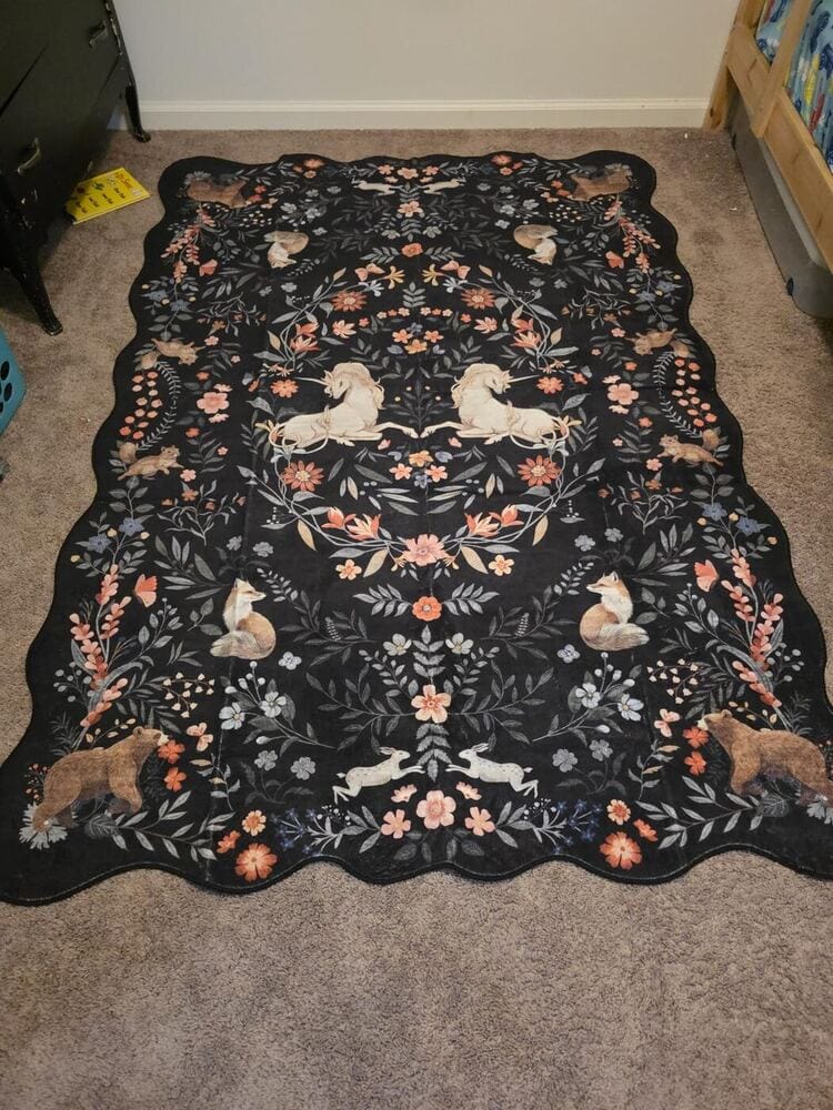 Customer photo review of Rug – Maximalist Unicorn Garden Scalloped – Forest Fern