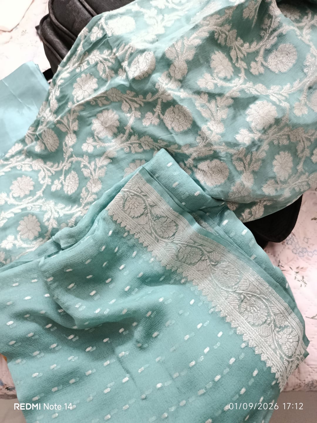 Customer photo review of Aqua Mint Zari Pure Georgette Silk Banarasi Suit
