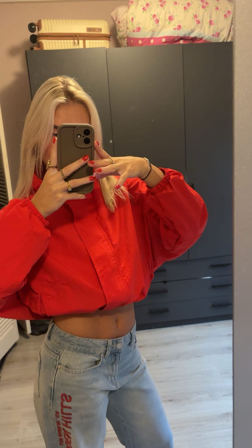 Customer photo review of RED EMBROIDERED LOGO JEANS