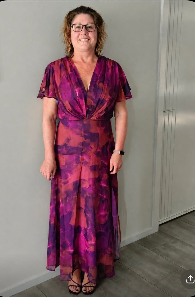 Customer photo review of Whisper Lily Maxi Dress in Purple Watercolour Chiffon