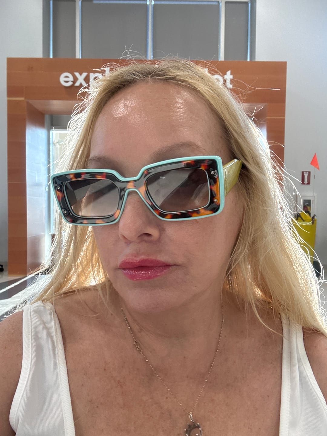 Customer photo review of Deco Sunglasses Chartreuse + Sky Blue