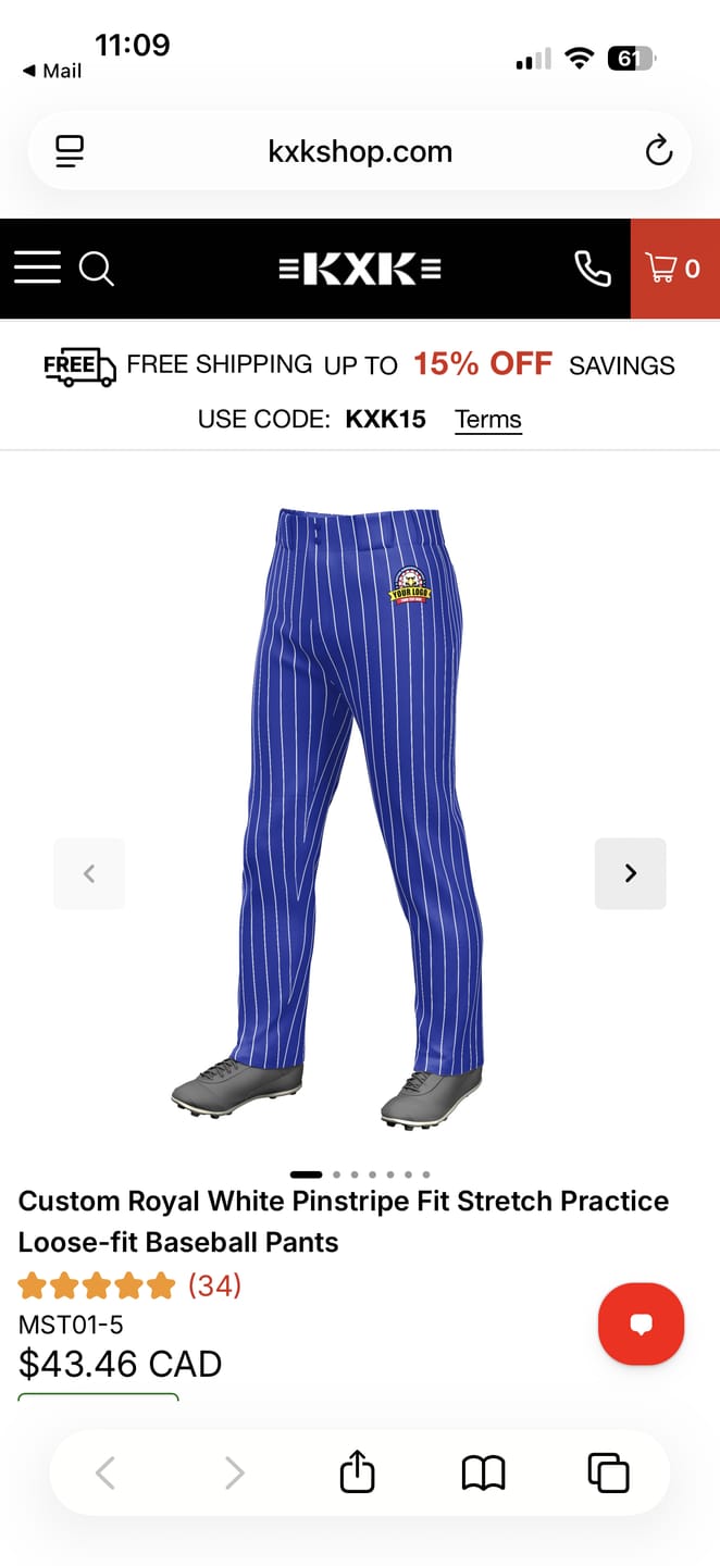 Customer photo review of Custom Royal White Pinstripe Fit Stretch Practice Loose-fit Baseball Pants
