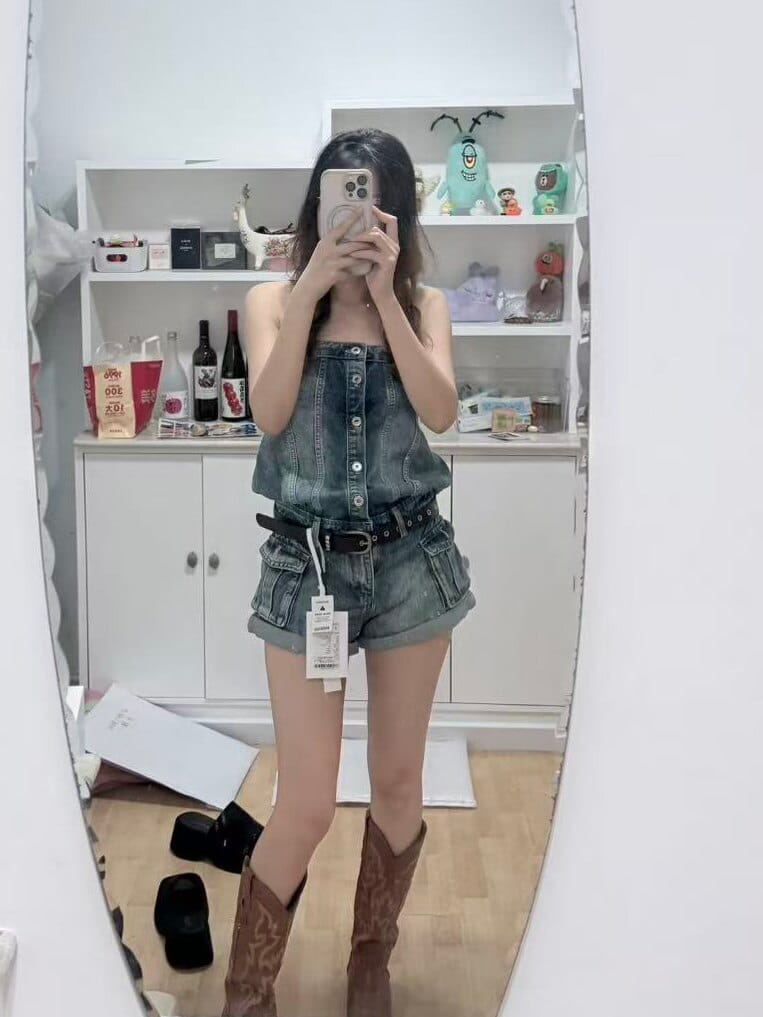 Customer photo review of WARDEN EDGE Strapless Denim Utility Romper