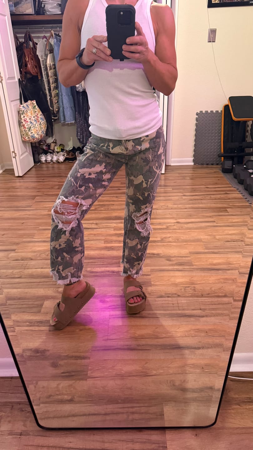 Customer photo review of Cropped High Rise Distressed Camo Kreek Jeans FINAL SALE