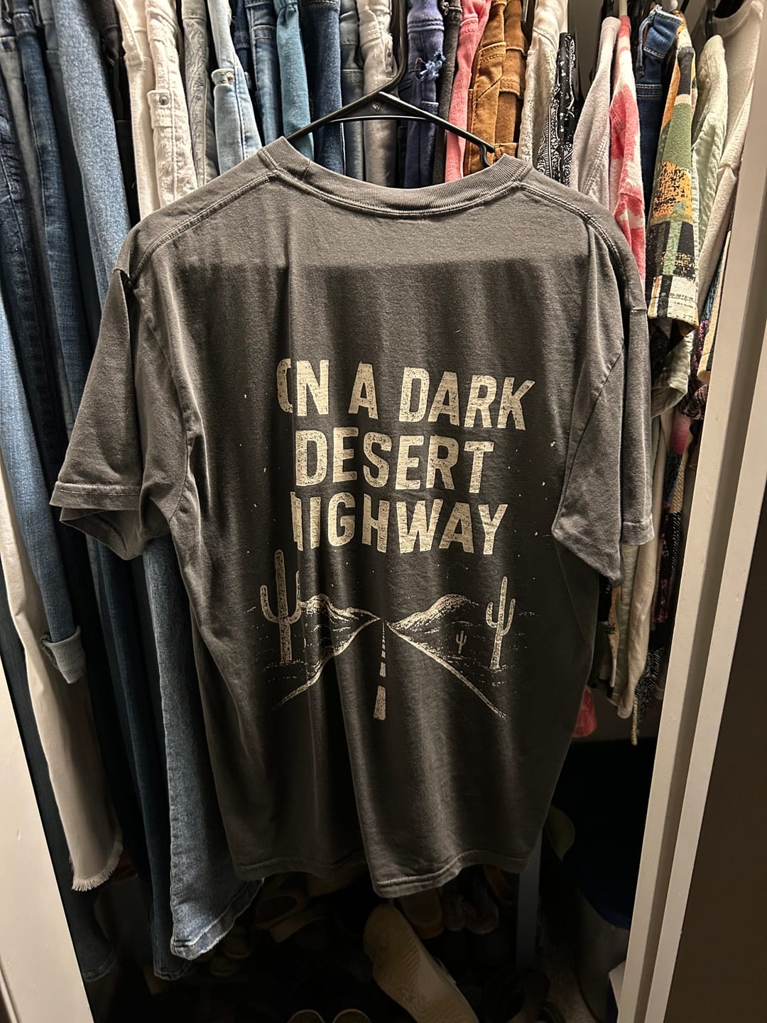 Customer photo review of On A Dark Desert Highway BACK PRINT - Premium Vintage Tee