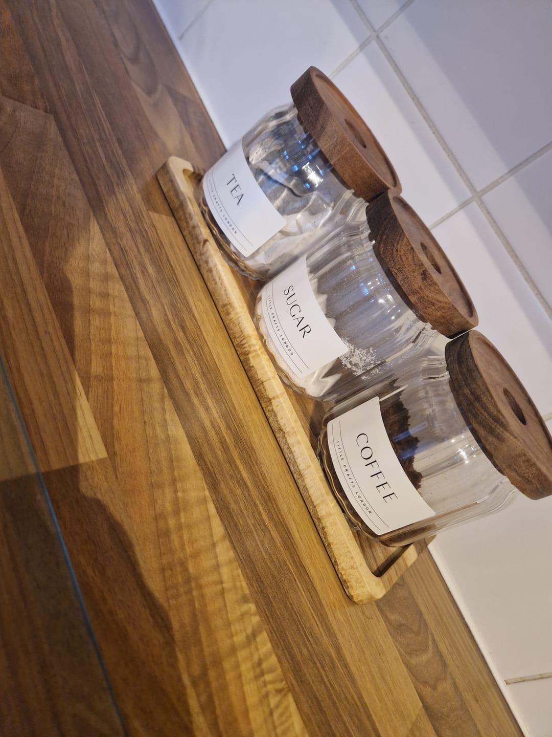 Customer photo review of Ribbed Set of 3 Acacia Glass Jars Tea, Coffee and Sugar 450 ML & Rectangle Tray
