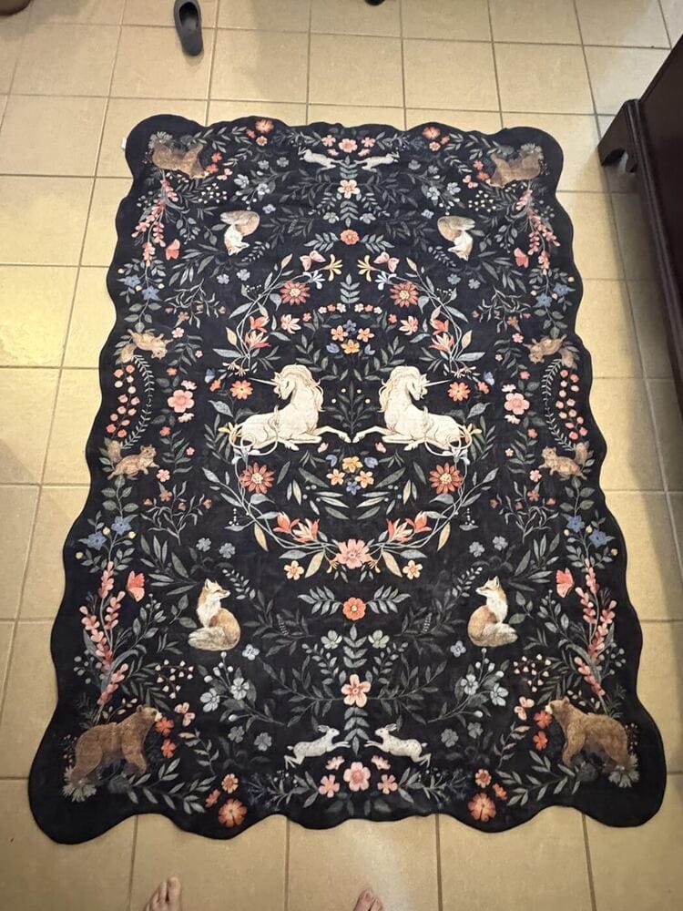Customer photo review of Rug – Maximalist Unicorn Garden Scalloped – Ink Black