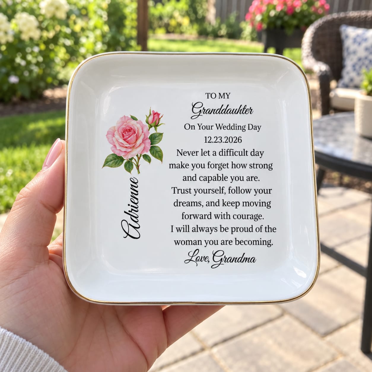 Customer photo review of Personalized Granddaughter Wedding Day Jewelry Dish