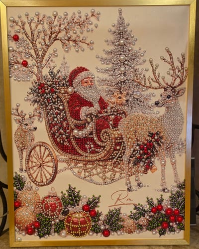 Customer's festive pearl art picture showing Santa in a sleigh with reindeer, a tree, and holiday ornaments.