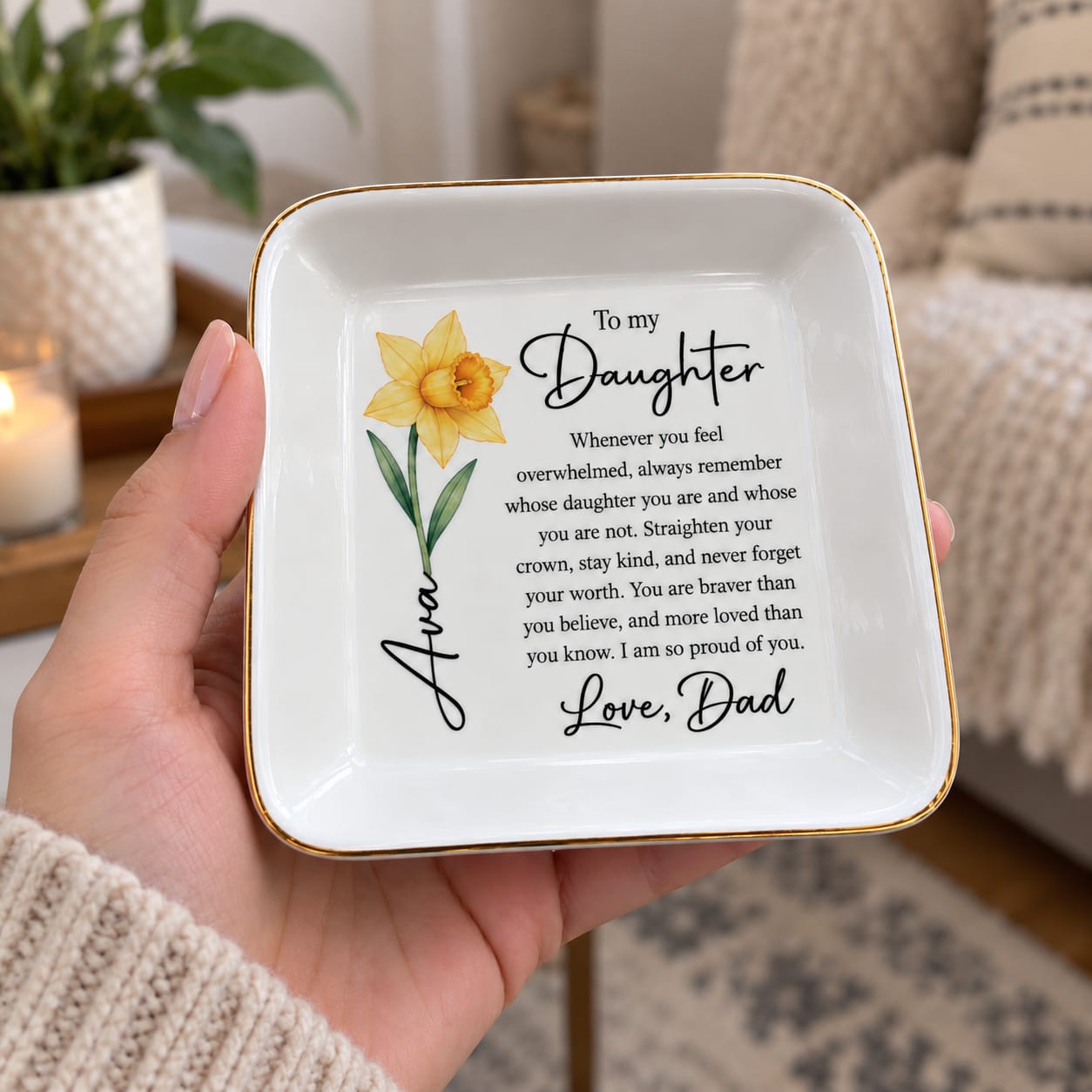 Customer photo review of To My Daughter Personalized Birth Flower Jewelry Dish – Custom Name Gift from Dad