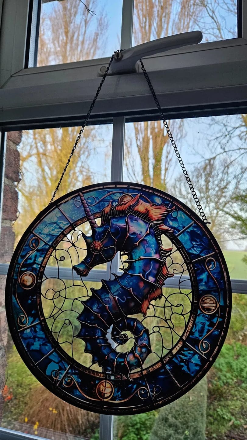 Customer photo review of Stained Glass Suncatcher – Ocean Seahorse Unicorn