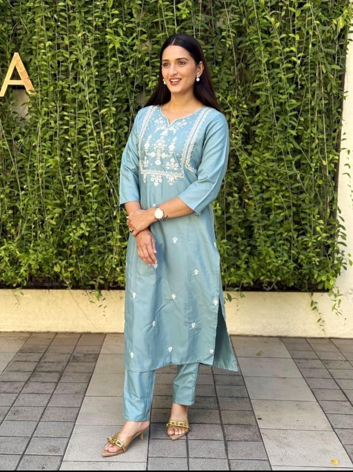 Customer photo review of Sky Blue Poly Rayon Premium Kurta Set For Women