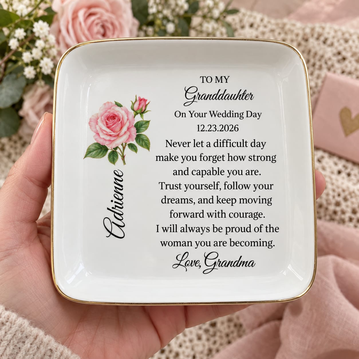 Customer photo review of Personalized Granddaughter Wedding Day Jewelry Dish