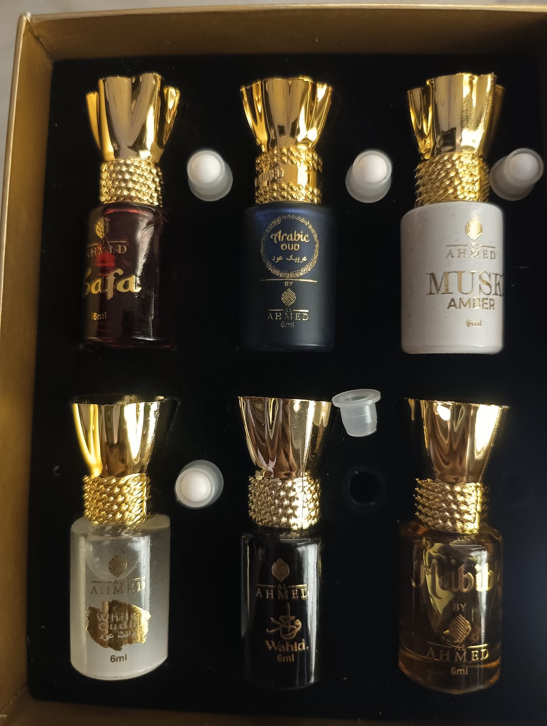 Customer photo review of Al Ahmed Premium Attar Combo Set x 6ml | White Oud | Arabic Oud|  Safa | Musk Amber |  Habibi | wahid