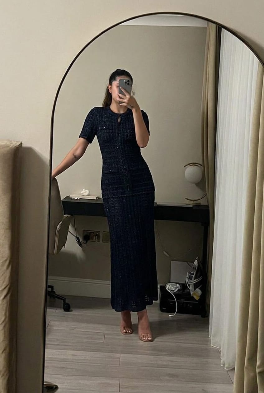 Customer photo review of Navy Shimmer Knit Midi Dress