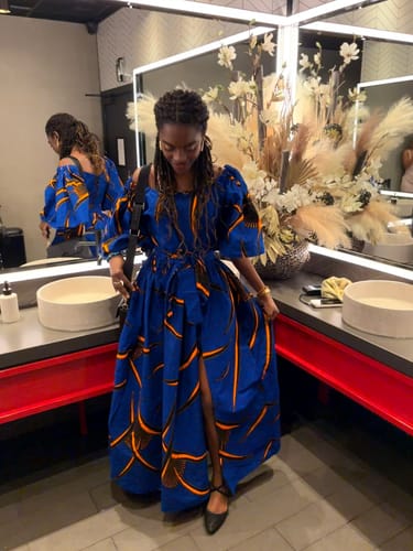 Customer photo review of Toni Ankara Off shoulder Maxi Dress | Blue and Orange African Print
