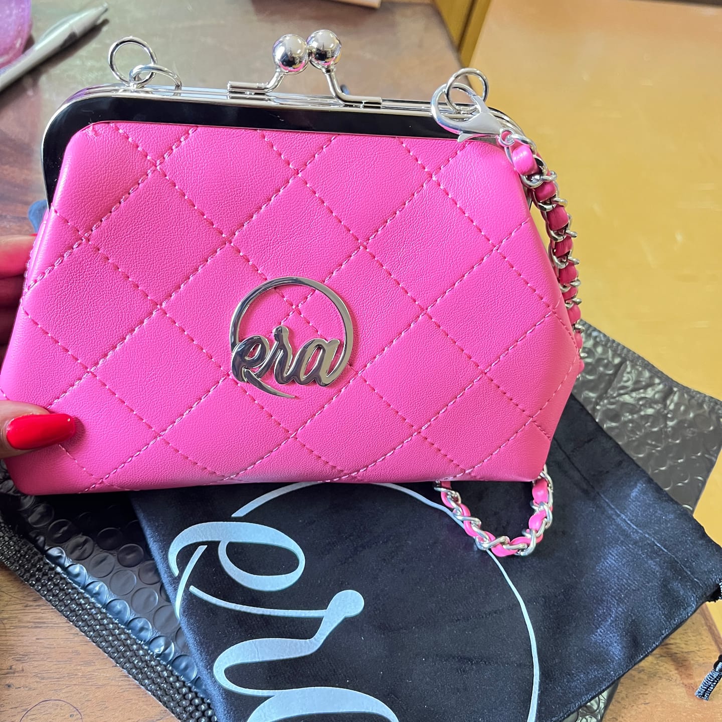 Customer photo review of ERA Mini Kisslock Chain Bag – Pink