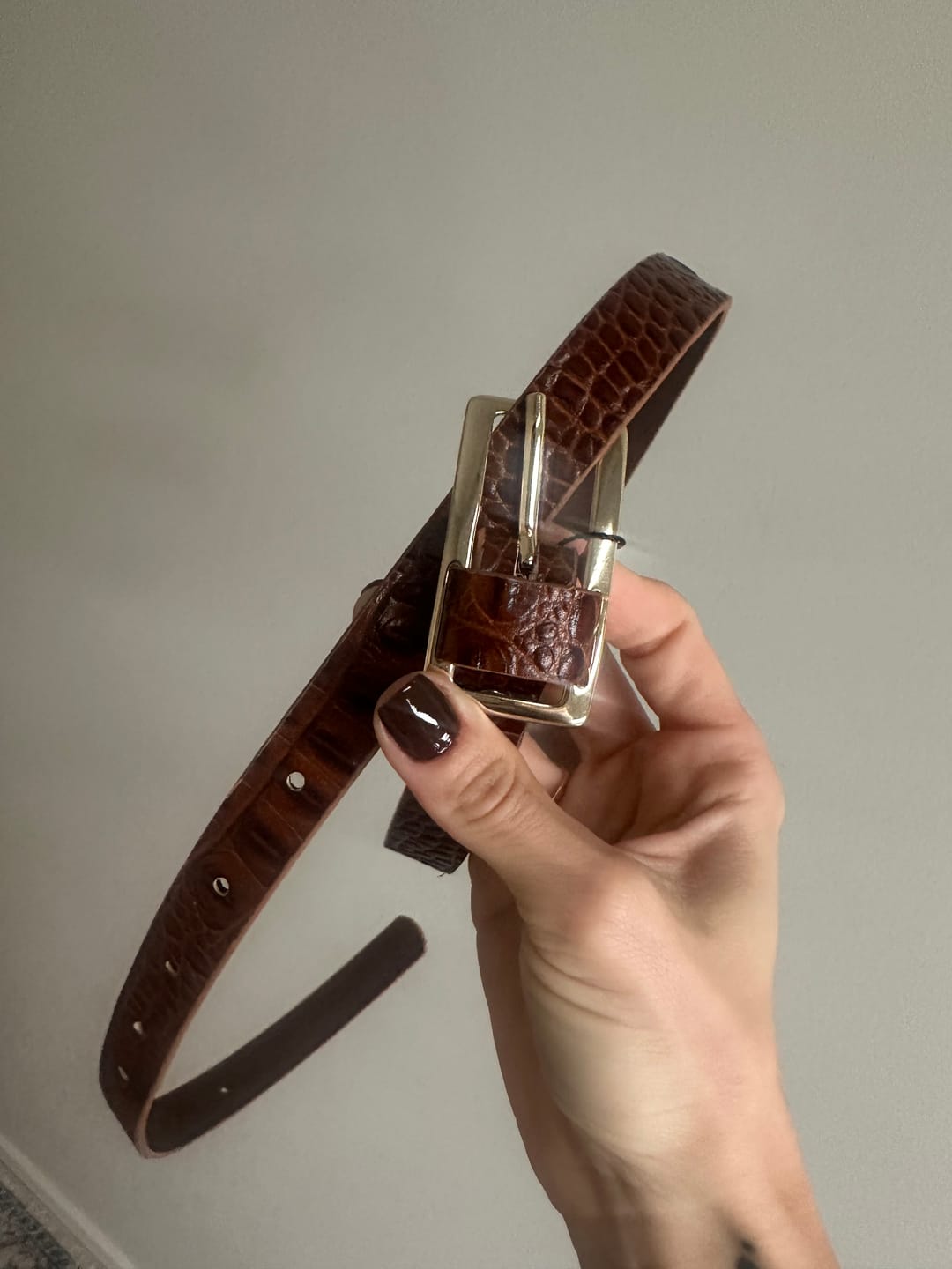 Customer photo review of Dark Brown Slim Gold Belt with Rectangular Buckle - Croc Effect
