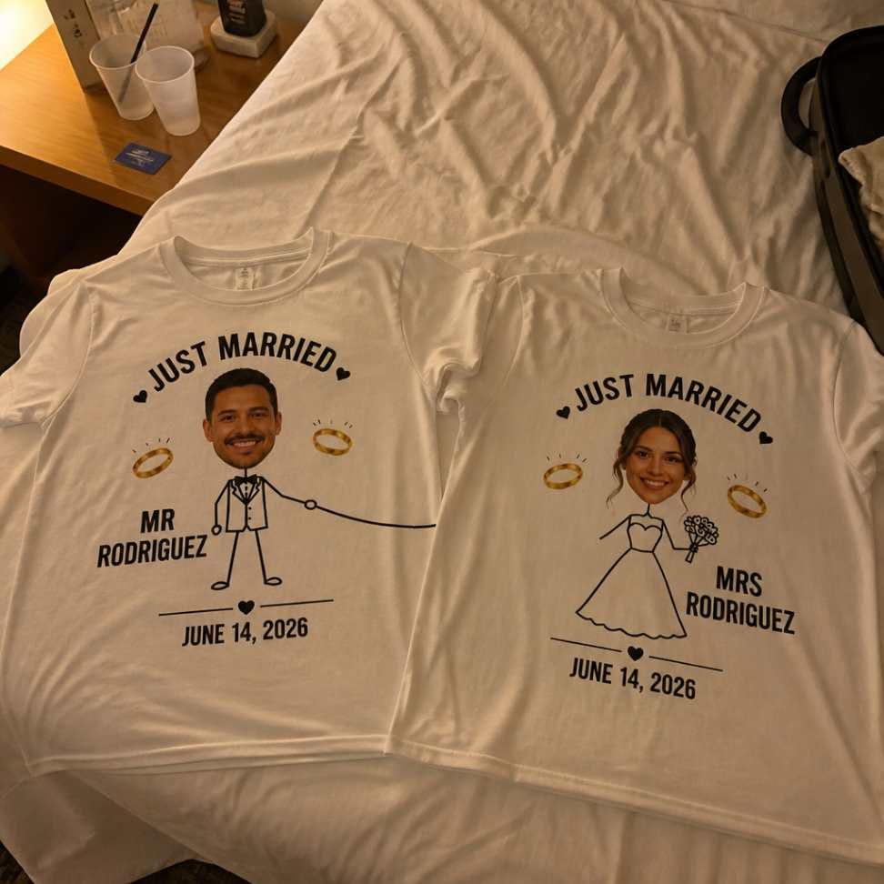 Customer photo review of Just Married Couple Matching T-Shirts - Custom Photo Faces & Names
