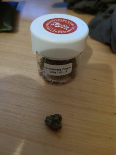 Customer's Granddaddy Purple THC-A flower inside an airtight jar, with a small dense bud on the table surface.