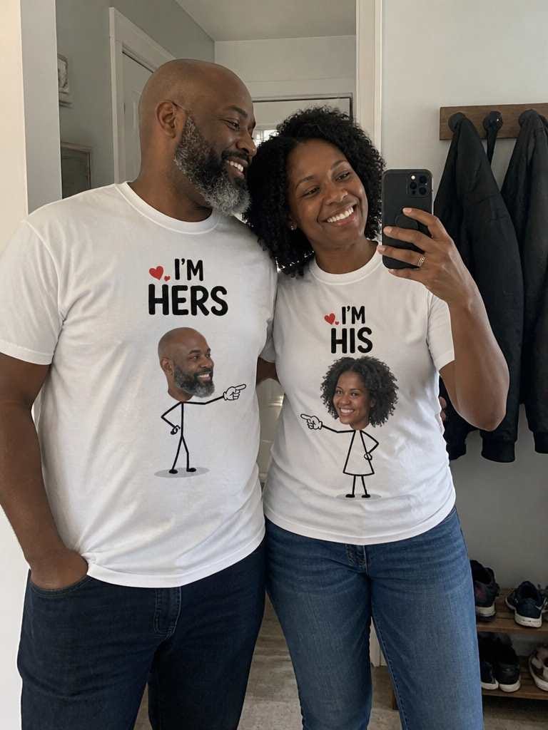 Customer photo review of I'm His & Hers Couple Matching T-Shirts - Custom Photo Faces & Names