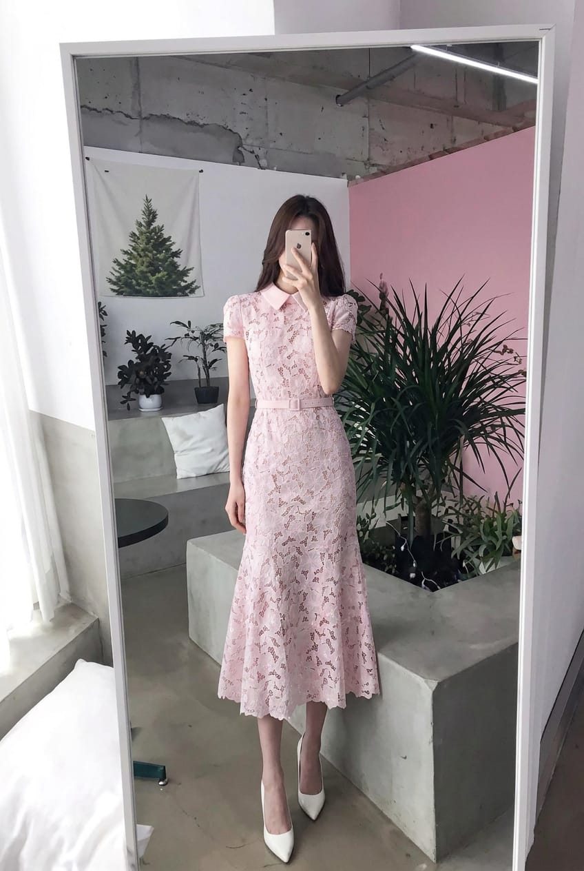 Customer photo review of Pink Floral Lace Midi Dress