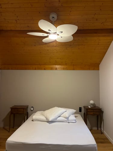 Customer's Dahlia ceiling fan with light installed in a bedroom above a bed.